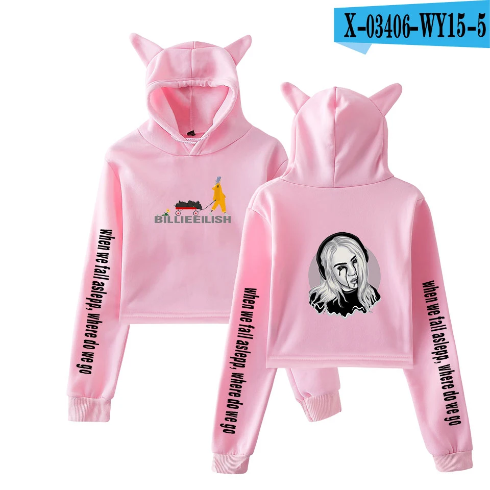 Толстовка в стиле хип-хоп Billie Eilish, женский милый топ, худи для девочек, Дамский модный пуловер, короткое худи с кошачьими ушами, толстовка - Цвет: WY1505