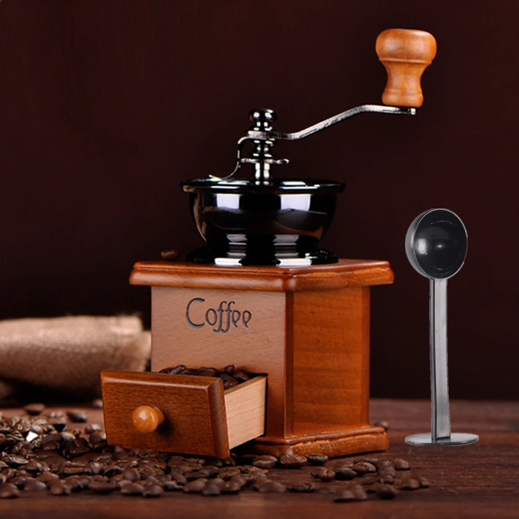 Antique Coffee Grinder Mill Manual Hand Made Wooden Bean Grinder And Spoon
