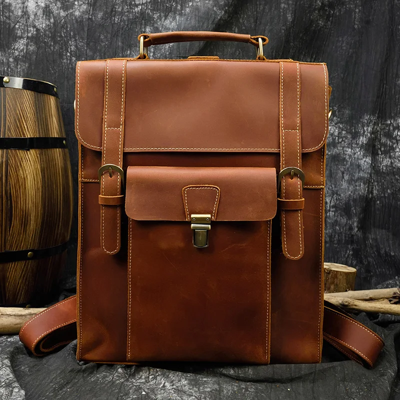 

MAHEU Vintage Style Genuine Leather Backpack Crazy Horse Leather Travel Backpack With Revmoable Shoulder Strap Men School Bag