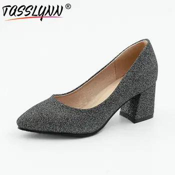 

TASSLYNN 2020 Women Pumps Slip on Women's Shoes Sequined Cloth Square High Heels OL Pumps Shoes for Women Pointed Toe Size 34-43