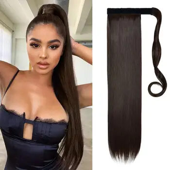 

Long Straight Ponytail Wrap Around Ponytail Clip in Hair Extensions Natural Hairpiece Headwear Synthetic Hair Brown Gray