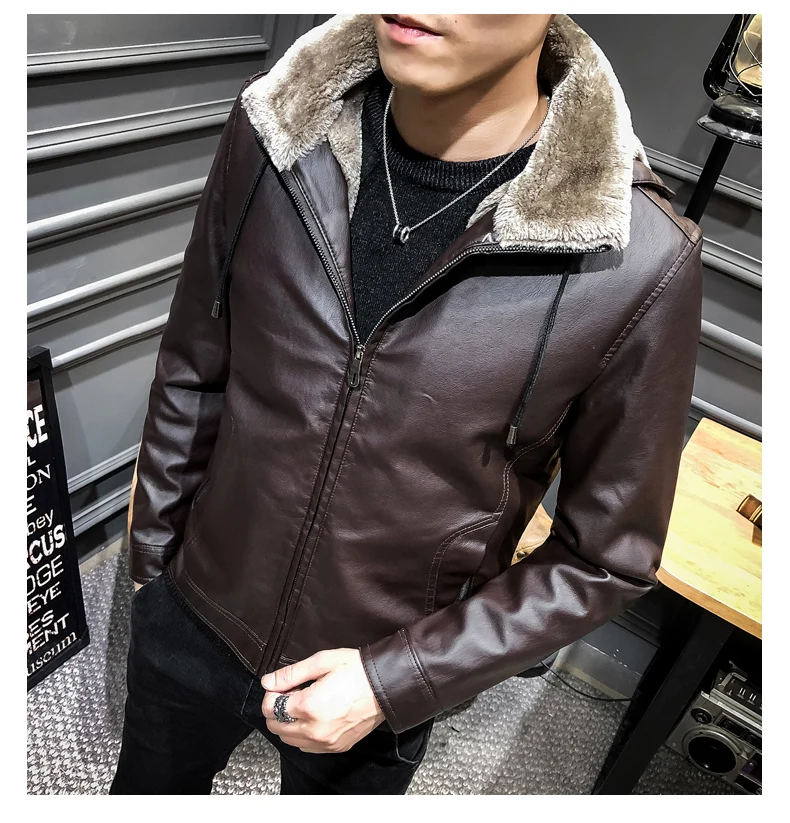Abrigo de cuero para hombre de invierno estilo coreano ajustado talla grande de piel cepilada y gruesa con capucha casual