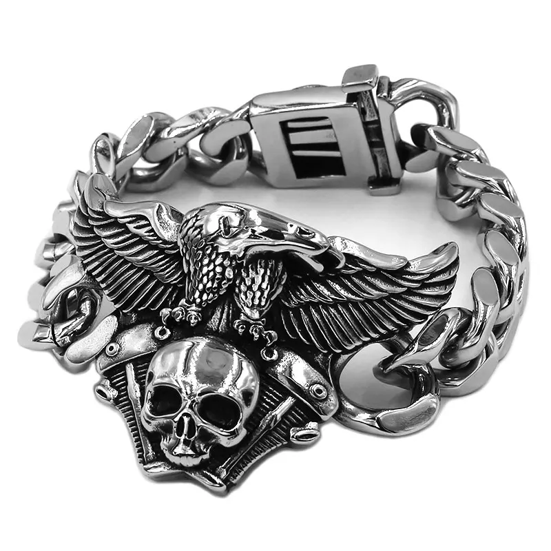 pearl bangle Personality Engine Skull Bracelet Titanium Stainless Steel Jewelry Large Vintage Skull Eagle Biker Men Boys Bracelet SJB0368A white gold bangle bracelet