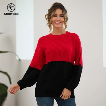 

KirbyGee Plus Size Patchwork Colorful Knitted Sweater 2019 Korean Long Sleeve Pink Pullover Women Loose O Neck Sweater Tops
