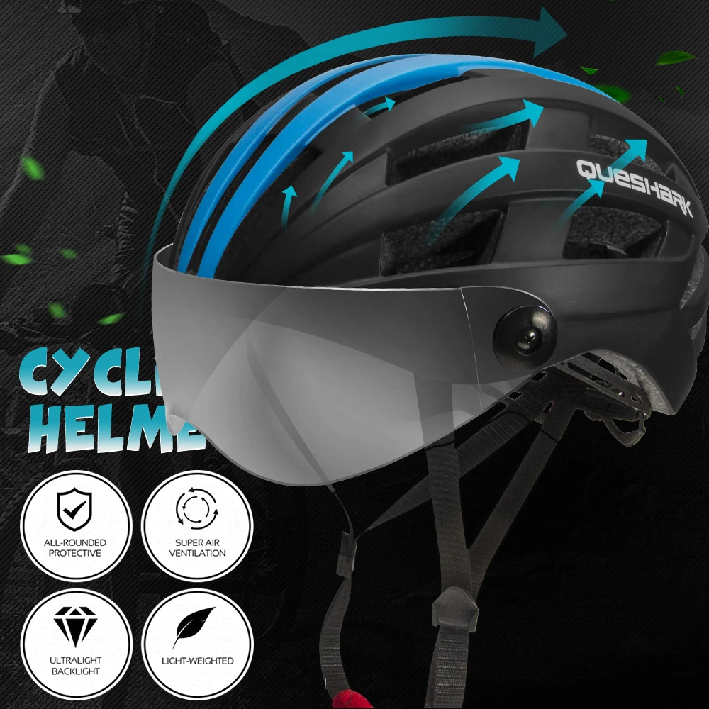 QUESHARK Men Women Ultralight Cycling Helmet MTB Road Bike Bicycle Motorcycle Riding Removable Transparent Grey Lens QE116