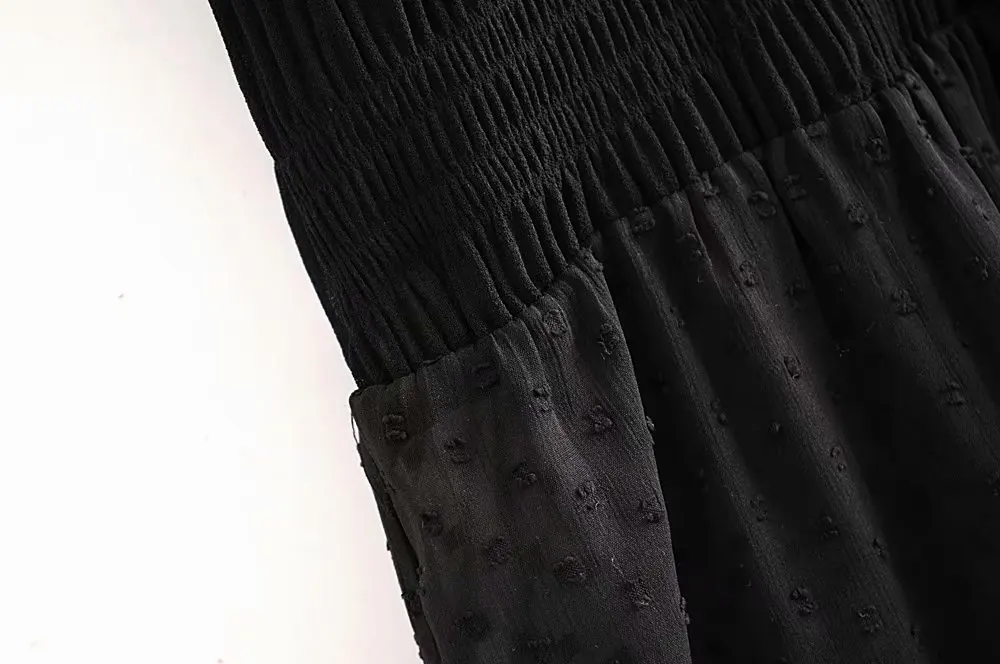 Винтажное черное Плиссированное длинное платье из вуали в горошек, женское сексуальное Полупрозрачное платье с круглым вырезом и длинным рукавом, элегантные вечерние платья на осень, DWDD60274
