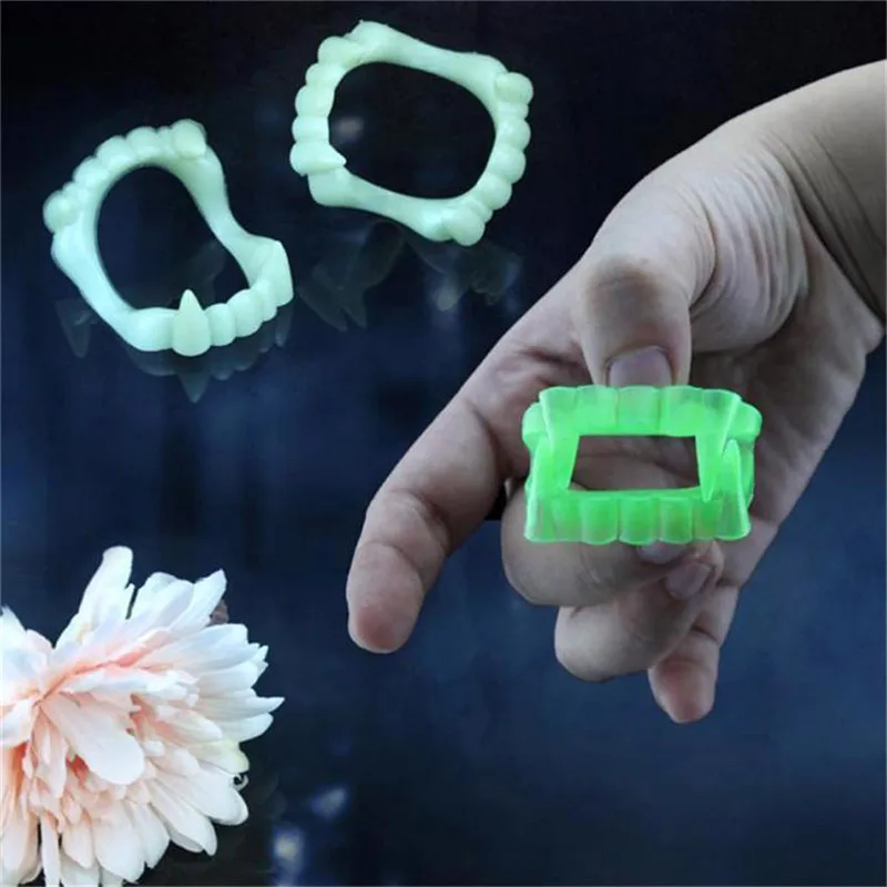Vampire night light denture 2Pcs Devil Tooth Fangs Halloween Decorative Vampire Luminous Dentures juguetes brinquedos #3AA9  (2)