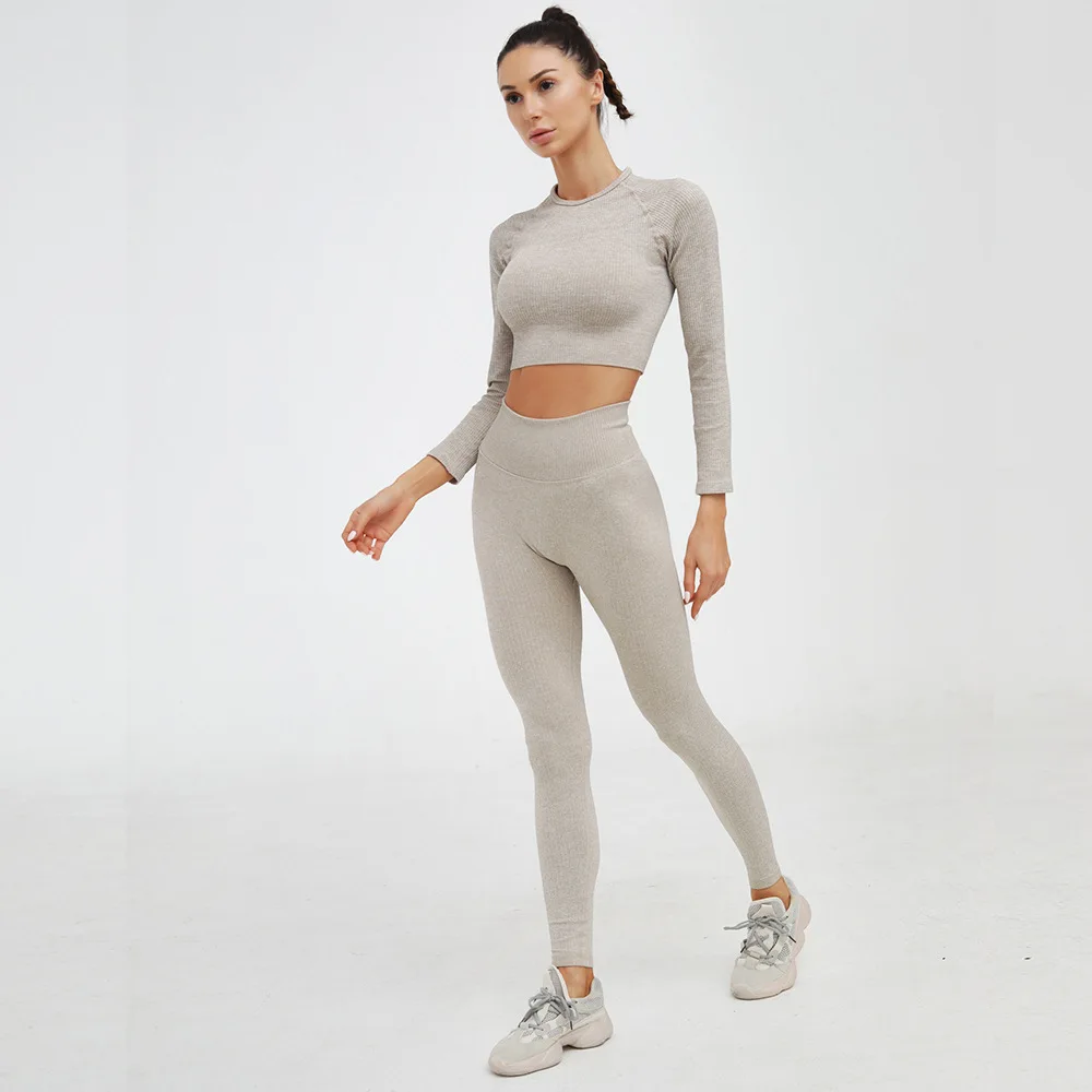 set1 Бесшовная одежда для йоги, комплект для йоги, спортивные костюмы с длинным рукавом, спортивные топы, пуш-ап, леггинсы с высокой талией, для бега, фитнеса, женская спортивная одежда - Цвет: set1