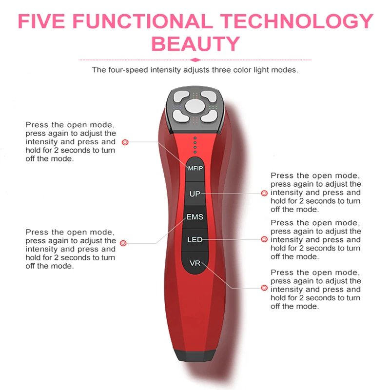  Skin Tightening Machine 5 in 1 Beauty Device EMS with 3 Color Lights for Deep Cleanse MFIP/RF Facia