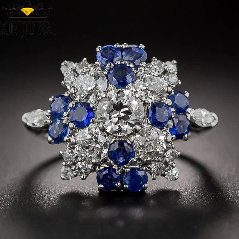 Vintage Fashion Flower Ring with Zircon Luxury Shiny Rhinestone Wedding Engagement Rings for Women Jewelry sapphire ring | Украшения и