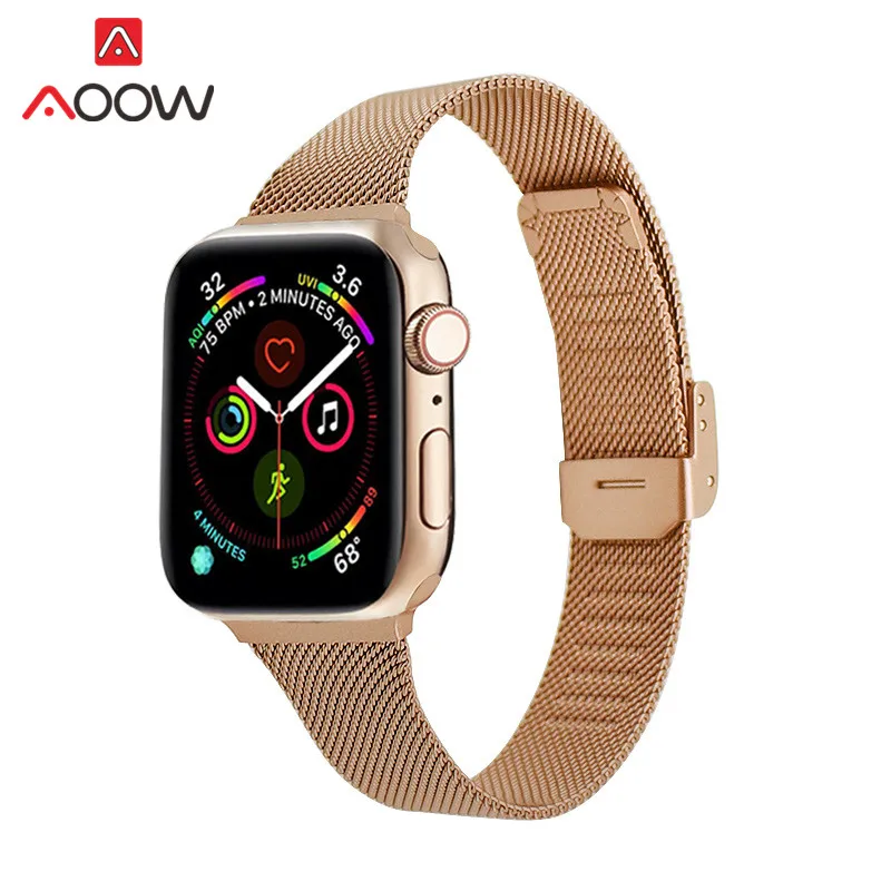 Rose gold Тонкий Миланский ремешок-петля для Apple Watch 5, 4, 38 мм, 42 мм, 40 мм, 44 мм, браслет из нержавеющей стали для часов iWatch Series 3, 2, 1 - Цвет ремешка: Rose gold