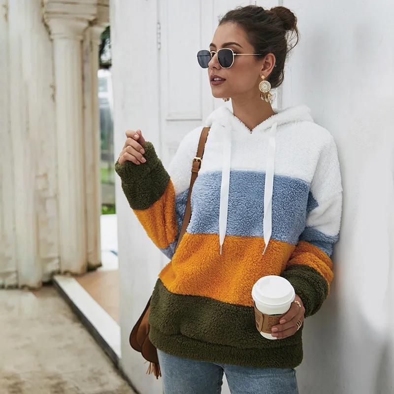 

Women Hoodies Autumn Winter Long Sleeve Half Zip Fuzzy Fleece Pullover Sweatshirt Spliced Winter Warm Tops