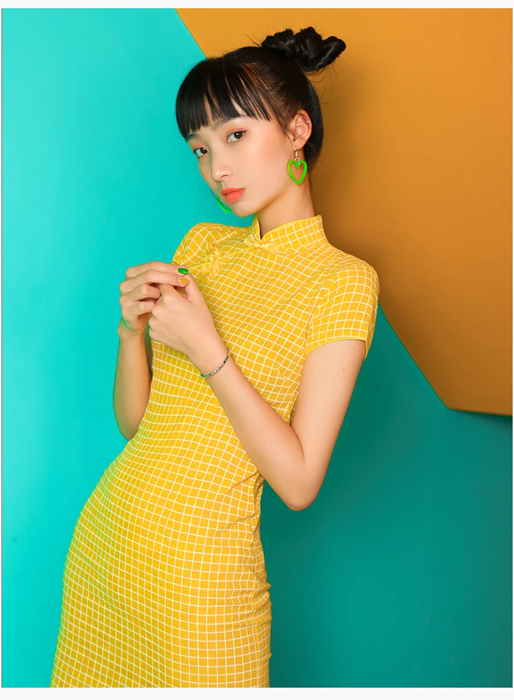 SWEETXUE новые винтажные миди платья летние женские Cheongsam модифицированные хлопковые желтые клетчатые вечерние платья