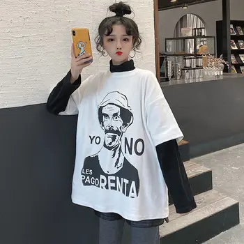 

NiceMix New Korean Version Loose Fake Two-piece Long Sleeve T-shirt Female Student Half High Collar Bottoming Fashionable Shirt