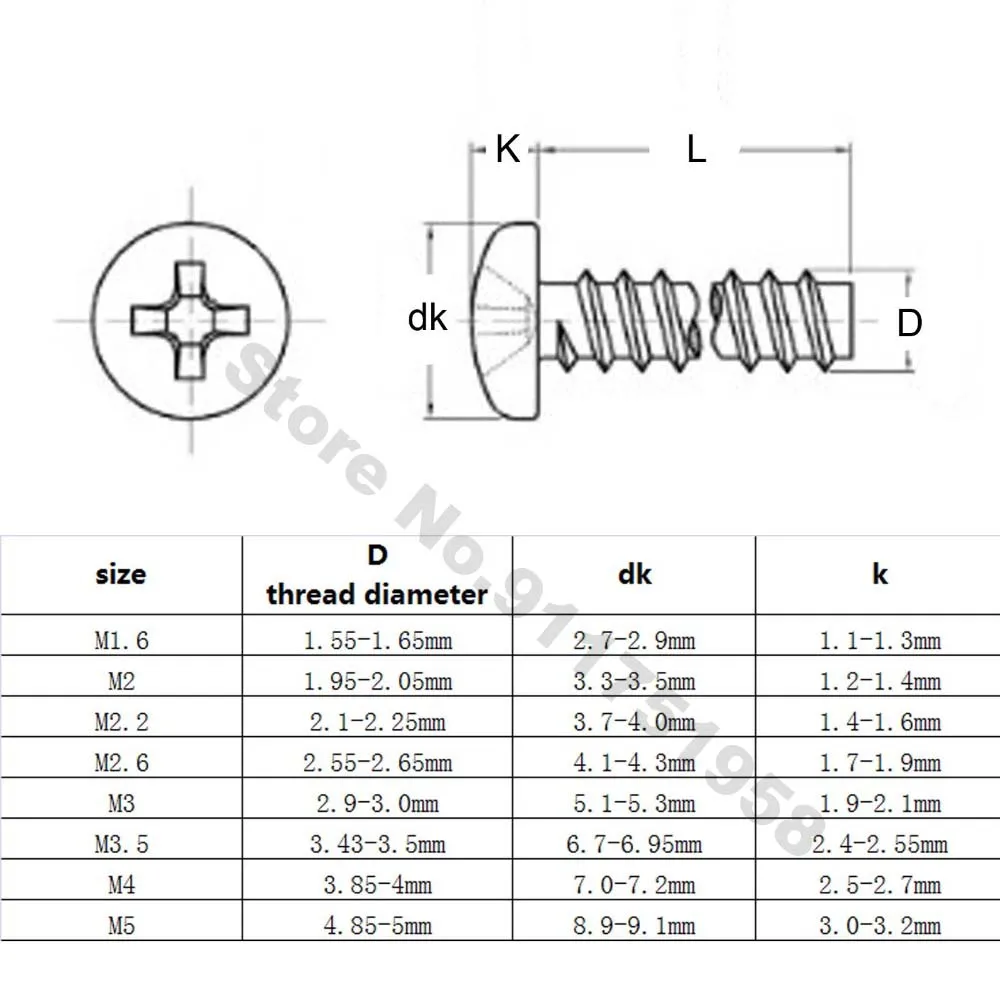 Self Tapping Screw 10/50X 304 Stainless Steel Cross Recess Phillips Pan Round Head Flat End Self Tapping Screw M1.2 M1.4 M1.7 M2 M2.6 M3 M3.5 M4 M5