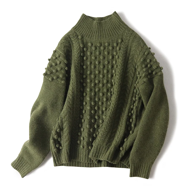 Aliaga чистый кашемировый свитер с воротом для женщин высокое качество фонари рукава вязаный зимний толстый бонбонс пуловер - Цвет: Green