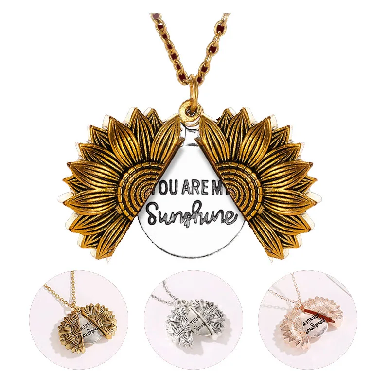 

Vintage Sunflower Pendant Necklaces Double-sided Flower Letter You Are My Sunshine Women Choker Collar Chain Female Jewelry