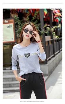 

T-shirt Casual Cotton Gray Polyester Six Colours Solid Full sleeve O-neck Women Long Tops Cotton Fashion White