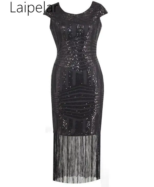 Laipelar New Vintage Dress O-Neck Cap Sleeve Sequin Fringe Party Midi Dress Vestidos Verano Summer Dress