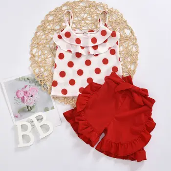 

6M-5Y Toddler Newborn Baby Kid Girls Clothes Set Summer Ruffles Dot Vest Tops Bow Red Shorts Outfits Children Costumes