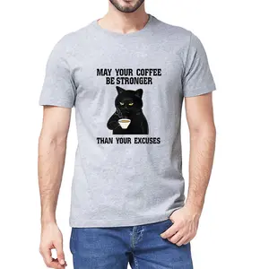 Black Cat May Your Coffee Be Stronger Than Your Excuses Vintage Summer Men's 100% Cotton Short Sleeves T-Shirt Humor Gift Tee