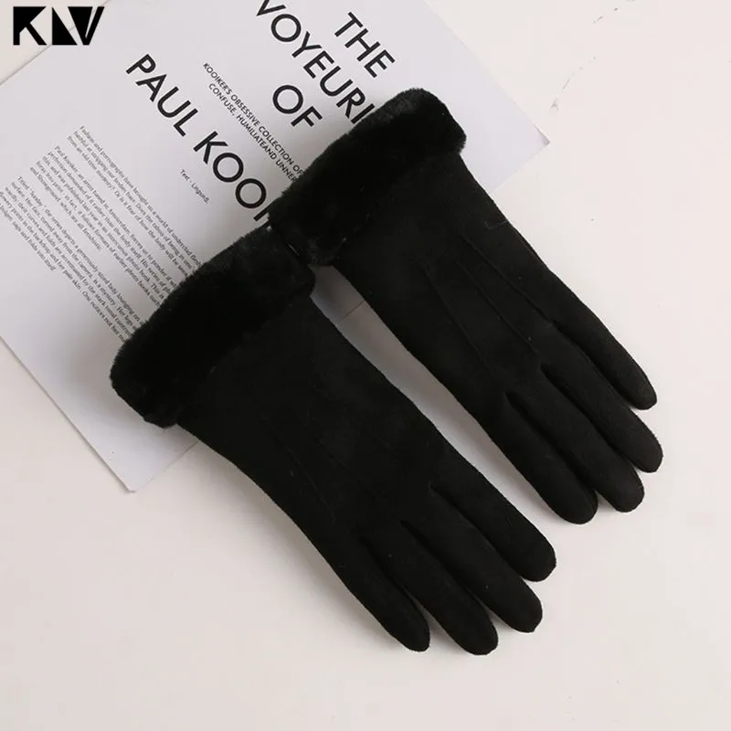 Women Girls Autumn Winter Touchscreen Gloves Solid Color Plush Cuff Thermal Thick Lining Suede Mittens Driving Ski Wrist Warmer