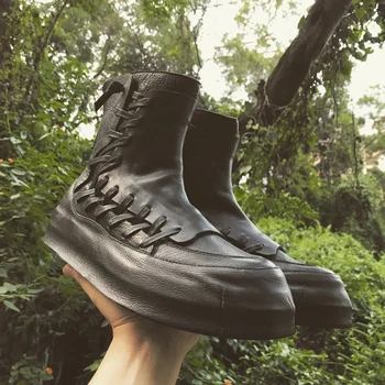 

Black High-Top Shoes Harajuku Men Autumn Personality Genuine Cow Leather Desert Ankle Boots Luxury Round Toe Platform Sneakers