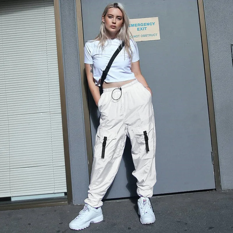 Pantalones Cargo informales para mujer, ropa de calle holgada, de longitud  completa, con cordón en la cintura elástica, a la moda _ - AliExpress Mobile