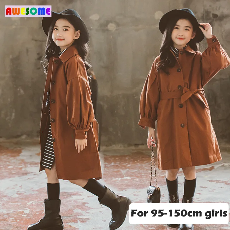 

2020 Spring Teens Girls Trench Coat Outfit for Girls Vintage Long Windbreaker Blue Tan Kids Thin Coat Outwear Clothes 3-13 Years