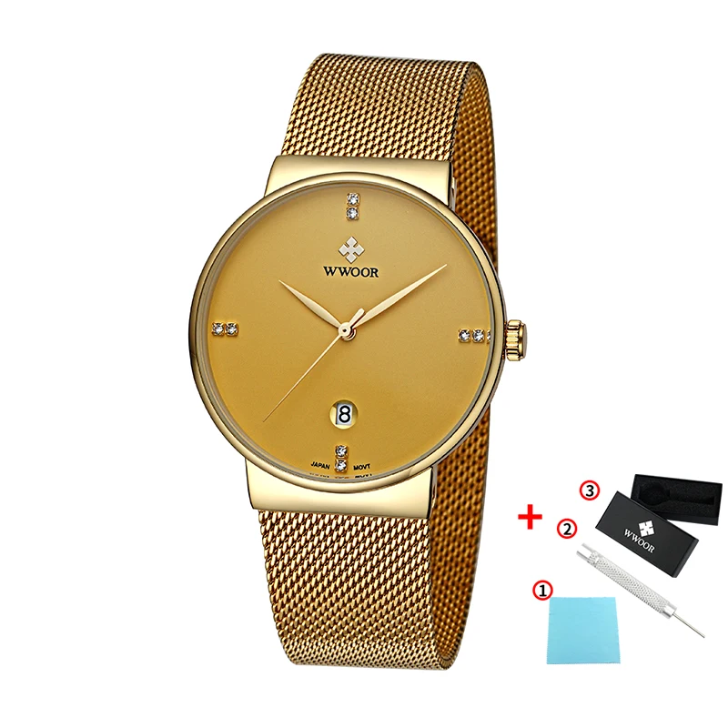 Gold WWOOR, черные новые модные роскошные брендовые WWOOR часы, кварцевые мужские повседневные водонепроницаемые наручные часы со стальным ремешком - Цвет: Gold