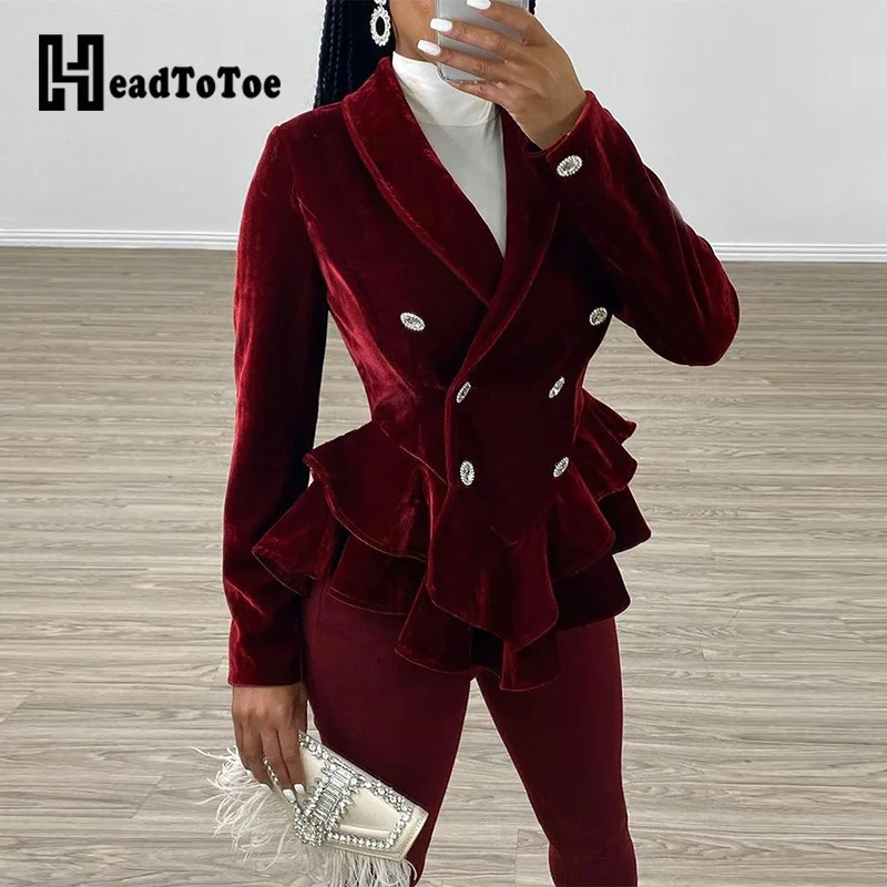 

OL Double Breasted Velvet Ruffle Blazer Workwear Women Long Sleeve Elegant Blazers and Jackets