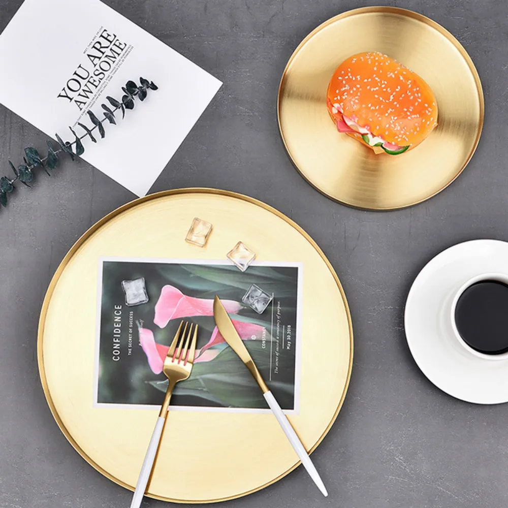 

Nordic Round Stainless Steel Storage Trays Gold Color Simple Style Jewelry Necklace Cosmetic Dessert Plate Home Organizer