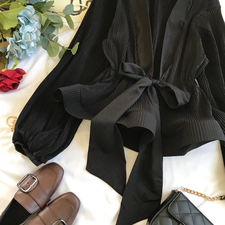 Women Elegant Long Sleeve Blouse Shirt Sexy V Neck Pleated Ruffles Blusa Sashes Vintage Women Blouse Spring Fashion Shirt Top Blusas (9)