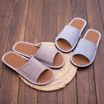 

Hand-made Fabric Outsole Bamboo Slippers Women Men Indoor Slipper Breathable Lovers Home Floor Shoes Female Mute Slides SH395
