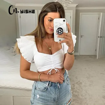 

CNYISHE Vintage Tees Ruffles Drawstring Top Women T Shirts Butterfly Sleeve Fashion Sexy Backless Tops Slim Crop Tops Streetwear