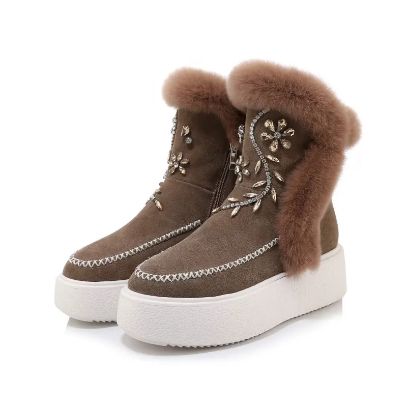 

Women's Genuine Leather Rhinestone Flowers Platform Ankle Boots Warm Fur Angola Snow Boots Fashion Sneakers