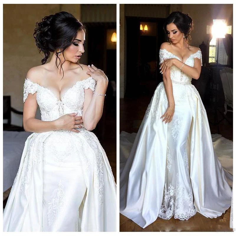 

Satin Off the Shoulder Ball Gown Applique Sexy Deep V-Neck Wedding Dresses Removable Skirt Princess Bridal Dress Party Prom