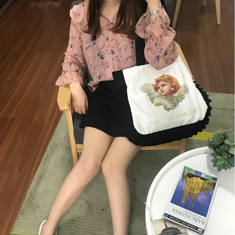 

New Style College Style Canvas Bag Cute Versatile Shoulder Bag College Style Pearl GIRL'S Printed Bag Cute Fashion