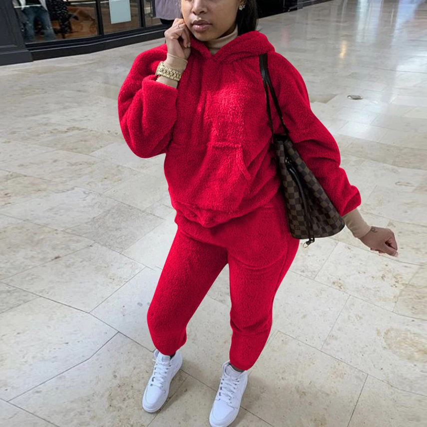 

Women Plush Warm 2 Pieces Sets Tracksuits Full Sleeve Hooded Sweatsuit Hoodies Sporty Pants Home Teddy Outfits Matching Sets New