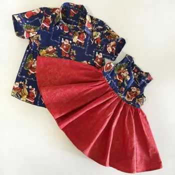 

New 2019 Christmas Family Clothes Outfit Clothes Xmas Santa Printed Kids Boy Short Sleeve Shirt Toddler Girl High Waist Dress