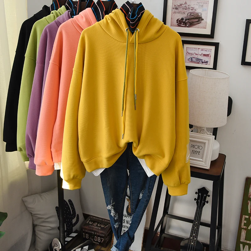 Yellow autumn women fleeced hoodie high street warm hooded sweatshirt turtleneck pullovers coats loose cool hoodies teenager - Color: Yellow