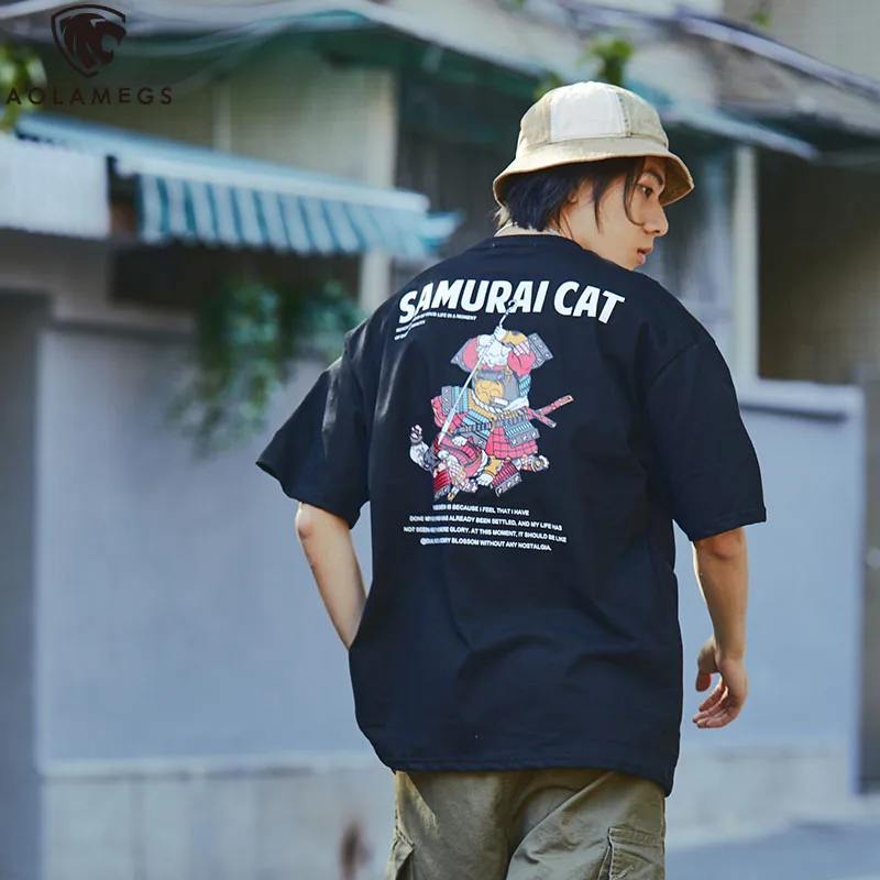 

Aolamegs Men's Tees Japanese Samurai Cat Letter Print T-shirts Harajuku High Street Cozy Tee Tops Summer Streetwear t shirts men