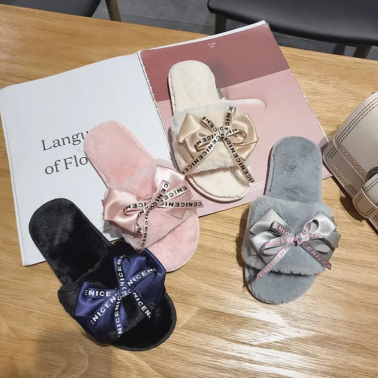 

Cute Bow Plush Slipper Women's Line-styled Peep-Toe Cotton Slippers Room Anti-slip Soft-Sole Floor Slippers Time of Childbirth D