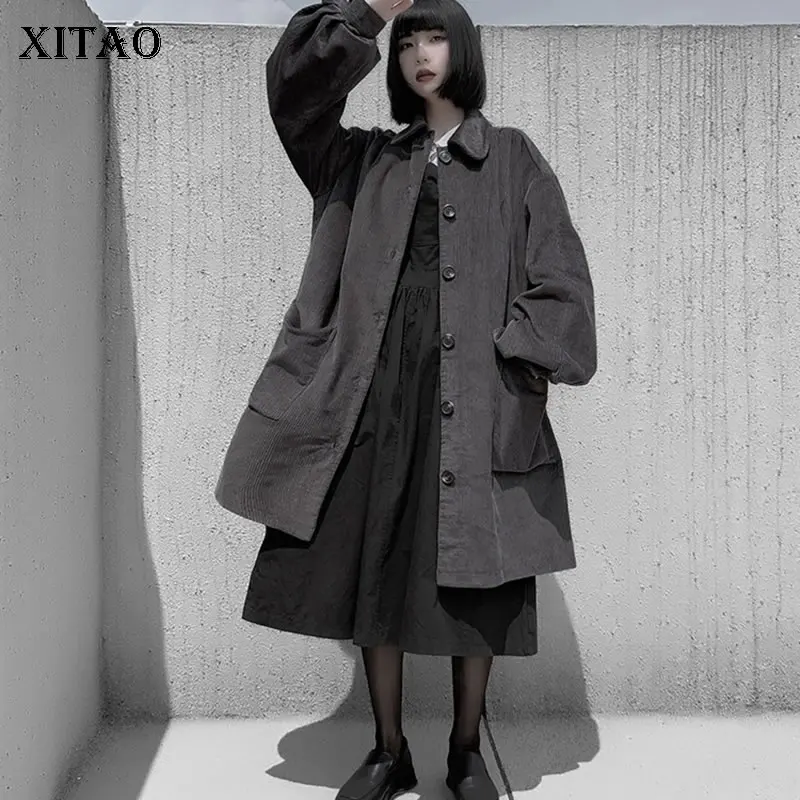

XITAO Black Pleated Plus Size Trench Women Elegant Single Breast Pocket 2019 Winter Small Fresh Long Casual Coat DMY1526