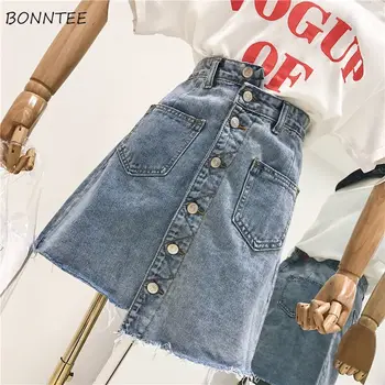 

Skirts Women Chic A-Line Leisure Denim Pockets High Waist Button Korean Style All-match Skirt Slim Irregular Elegant Womens 2020