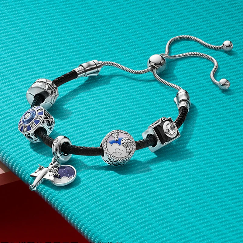 KAAOER ювелирные изделия 925 пробы серебро 11 pandoras Романтические черные тканые камеры самолет держать время браслет