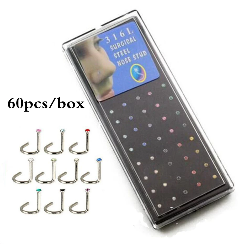 60 шт./коробка из нержавеющей стали набор кристальных носообразных колец для