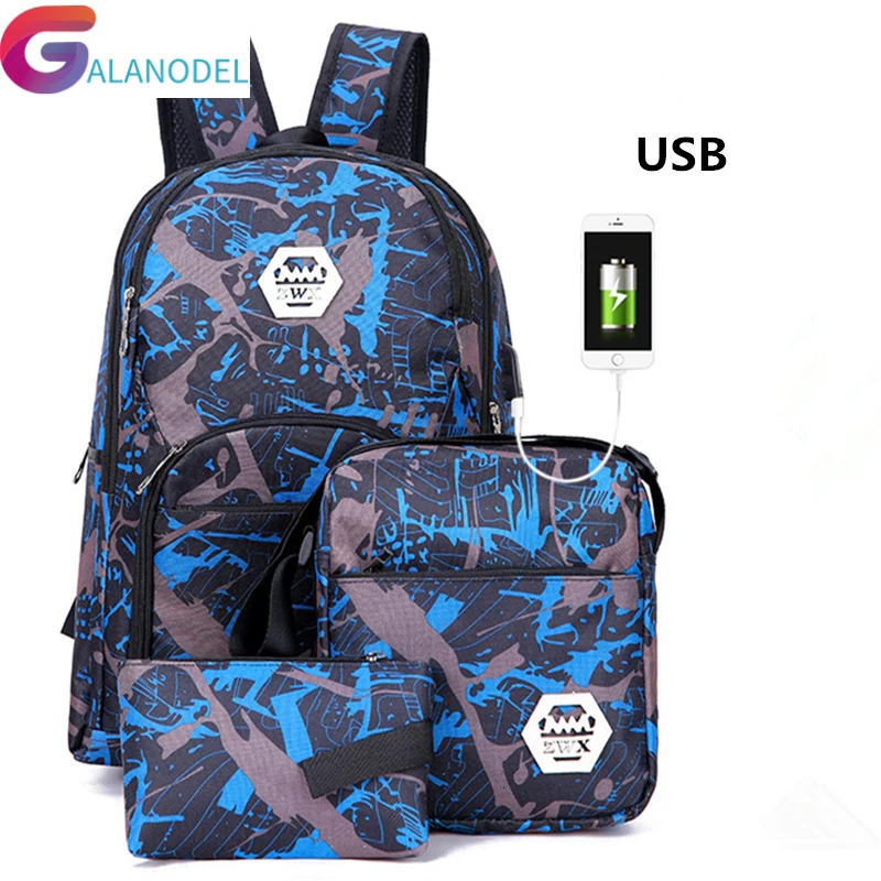 3 шт./компл. USB Мужской рюкзак с камуфляжным принтом школьные сумки для средней школы для мальчиков и девочек Высокое качество нейлон школьные рюкзаки, рюкзак для путешествий
