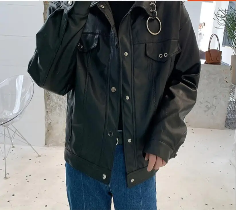M-XL! Зимняя Новинка ins индивидуальная металлическая железная Кольцо Украшение Мужская свободная мотоциклетная кожаная куртка плюс хлопковая куртка Молодежная куртка