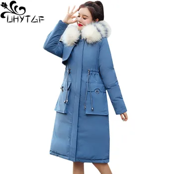 

UHYTGF Womens down jacket parka mujer Fur collar hooded Female winter jackets and coatsThicken warm long coats 3XL plus size 495